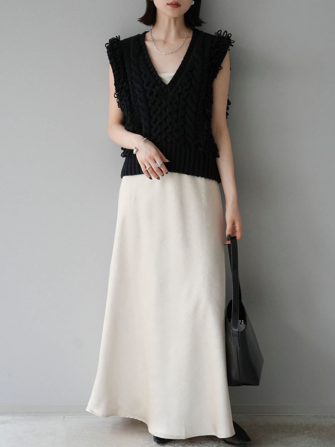 [予約]ループミックス編みニットベスト/ブラック