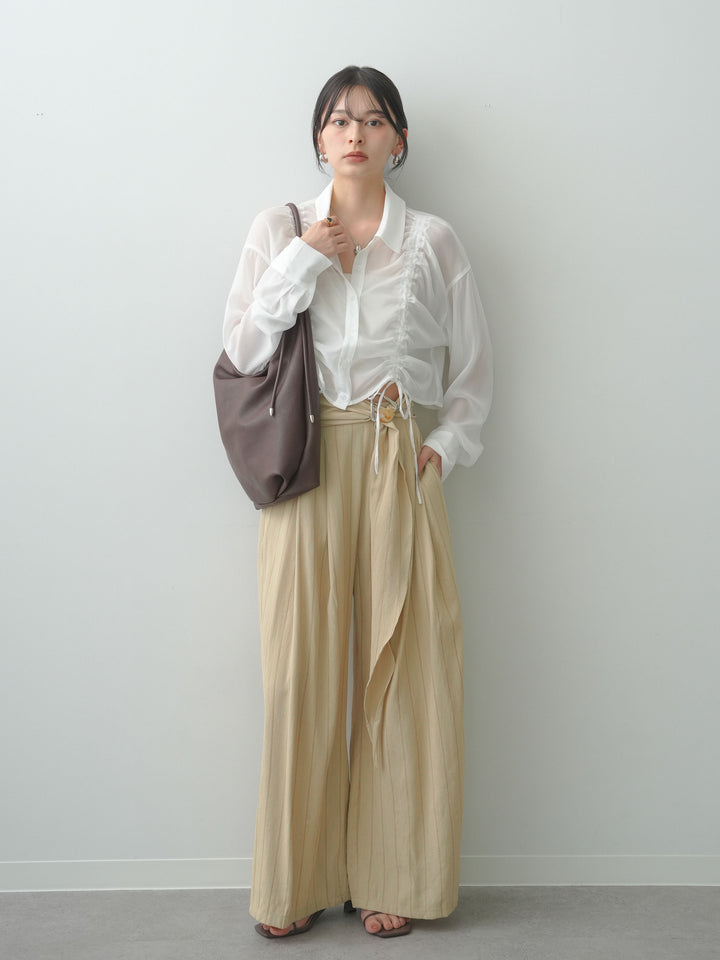 [予約]ベルトデザインストライプドレープワイドパンツ/beige