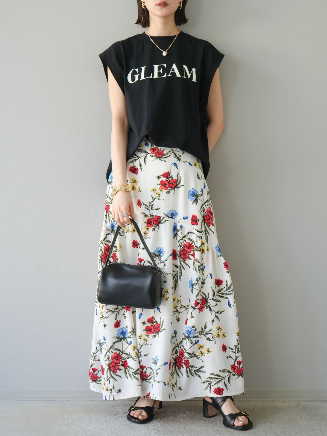 [予約]ボタニカル柄ティアードスカート/オフホワイト