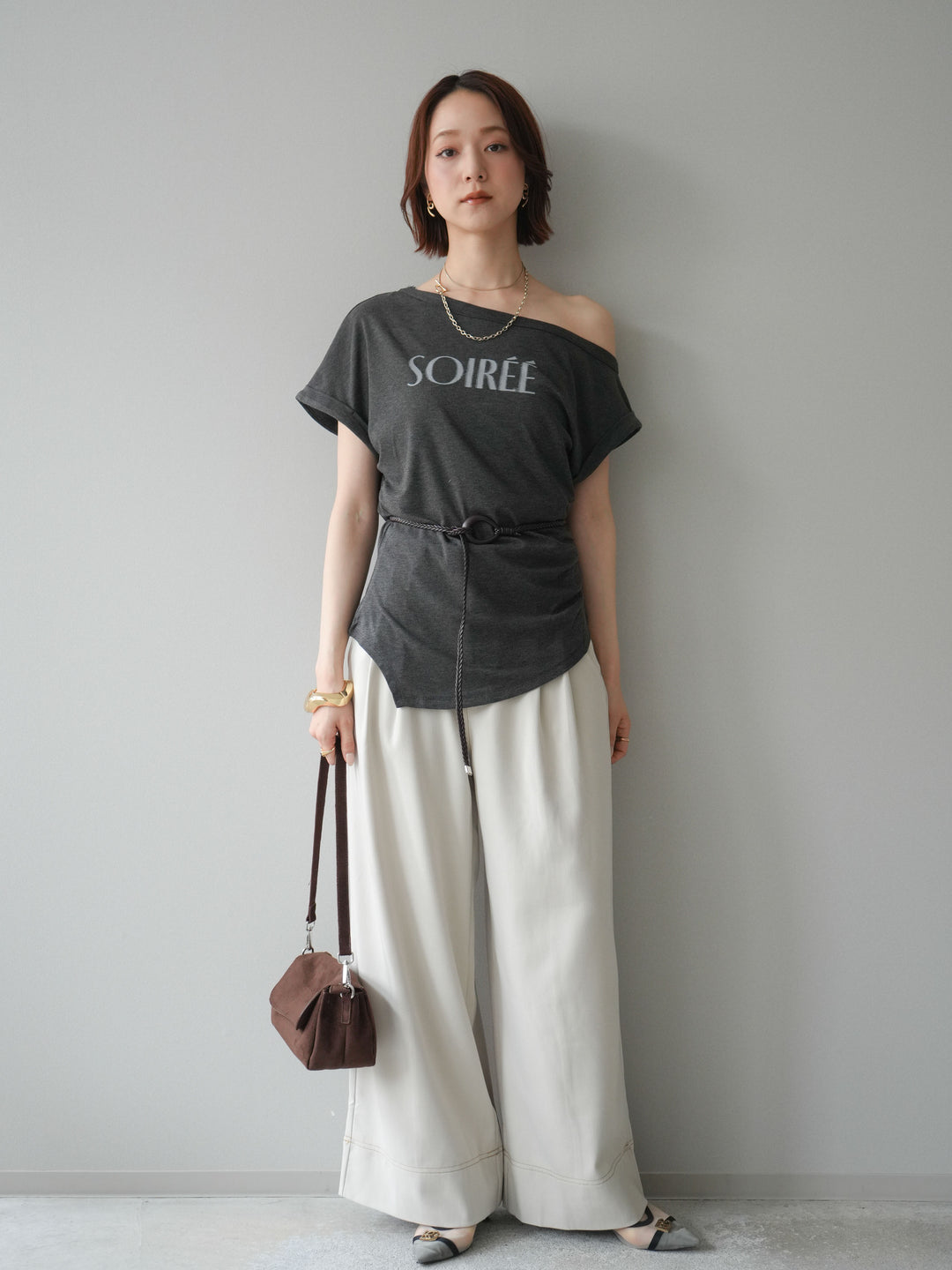 [予約]配色ステッチワイドタックパンツ/beige