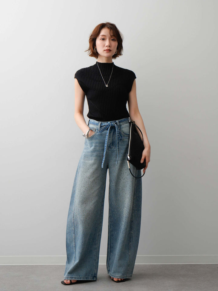 [予約]ウエストベルトフロントビジューカーブワイドパンツ/lightblue