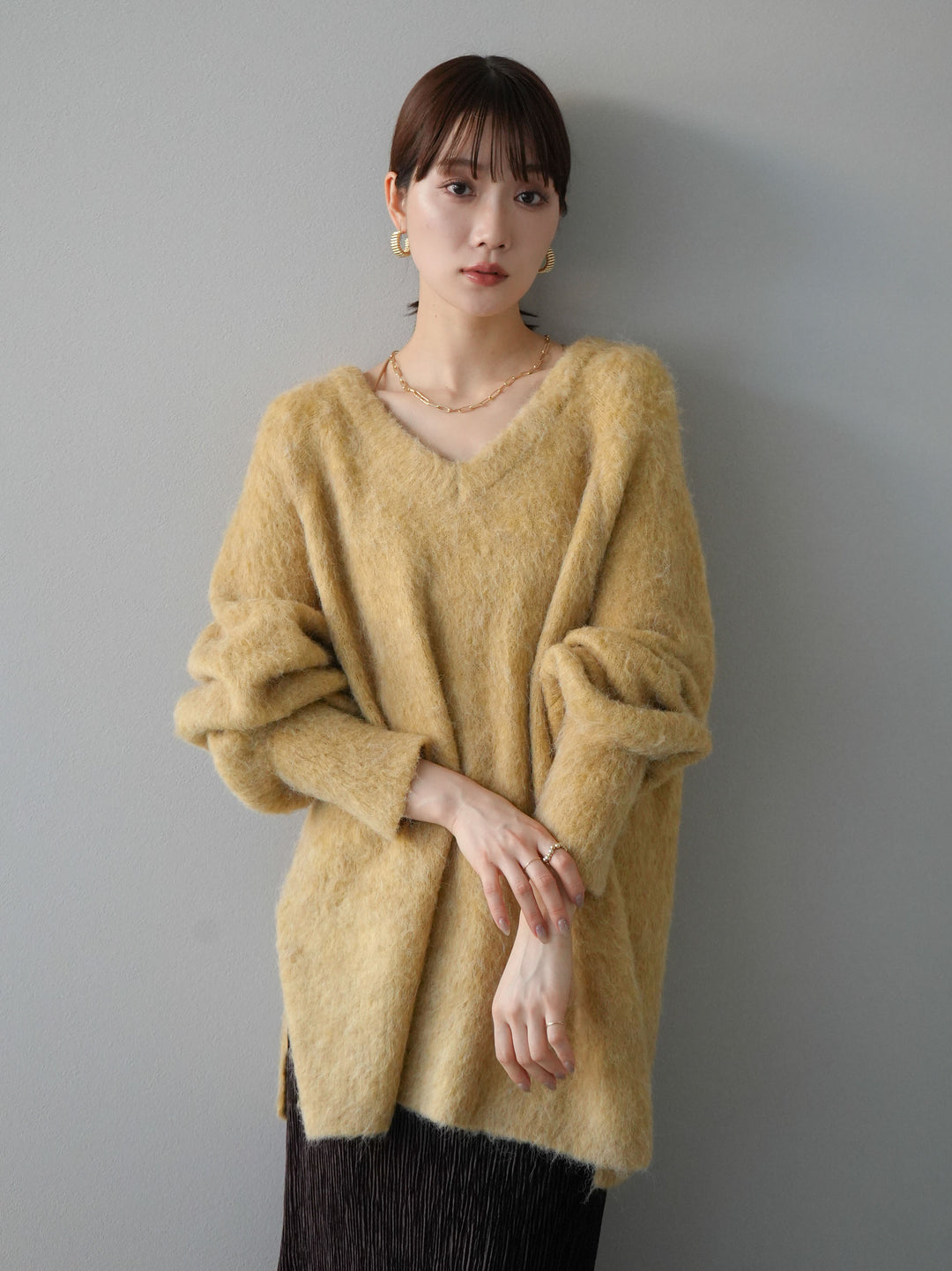 [予約]Vネックオーバーモヘアニットプルオーバー/イエロー