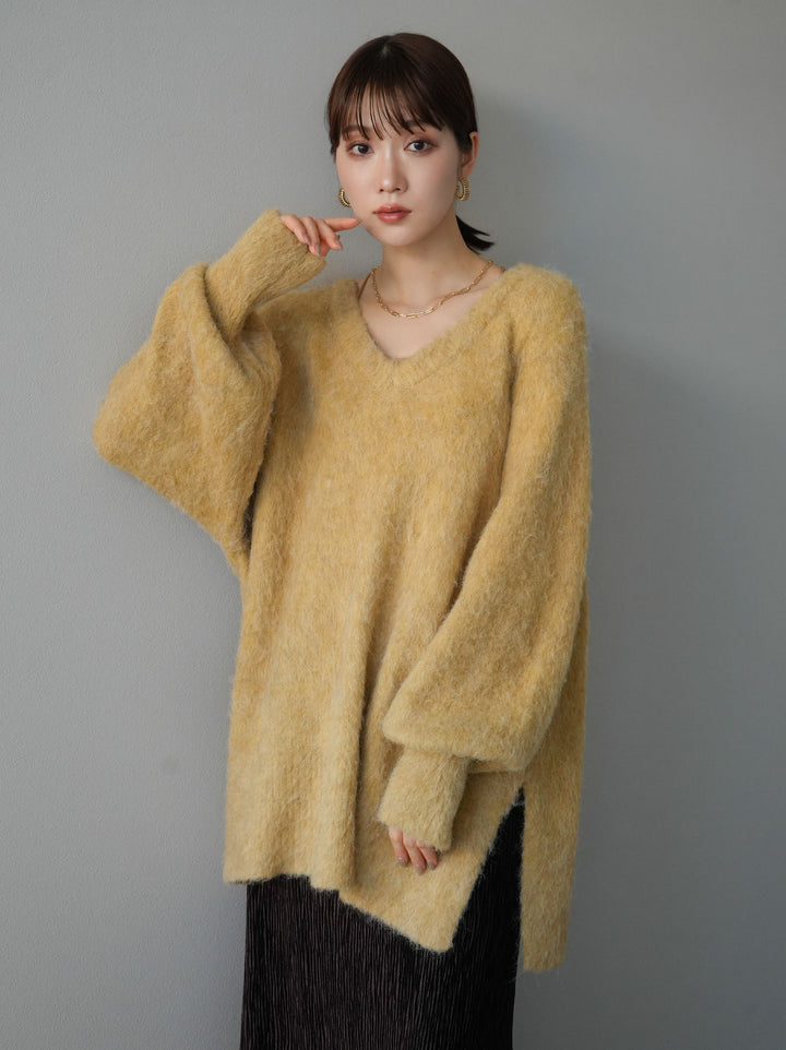 [予約]Vネックオーバーモヘアニットプルオーバー/イエロー