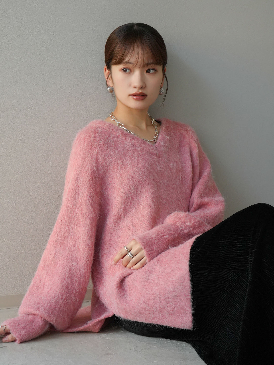 [予約]Vネックオーバーモヘアニットプルオーバー/ピンク