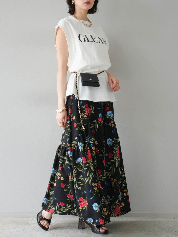 [予約]ボタニカル柄ティアードスカート/ブラック