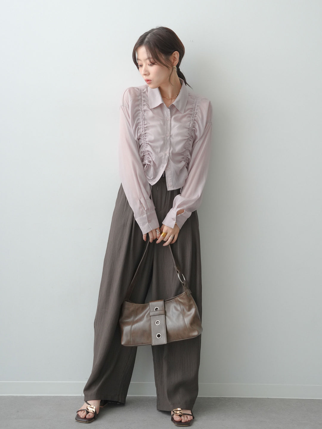 [予約]ベルト付ワッシャーライトワイドパンツ/brown