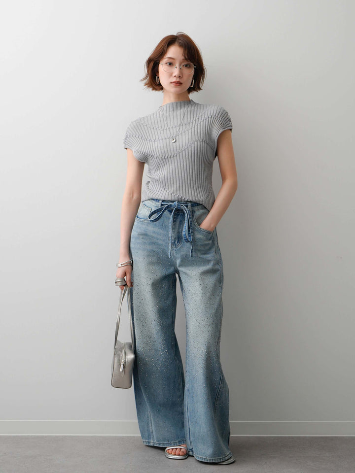 [予約]ウエストベルトフロントビジューカーブワイドパンツ/lightblue