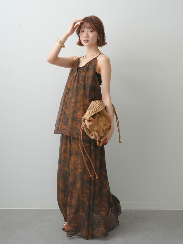 [予約]フラワーニュアンス柄フレアスカート/brown