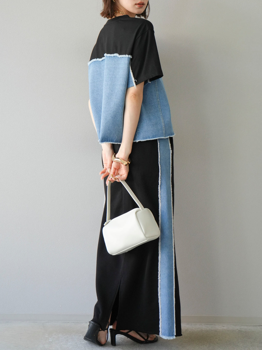 [予約]デニムドッキングスウェットスカート/ブラック