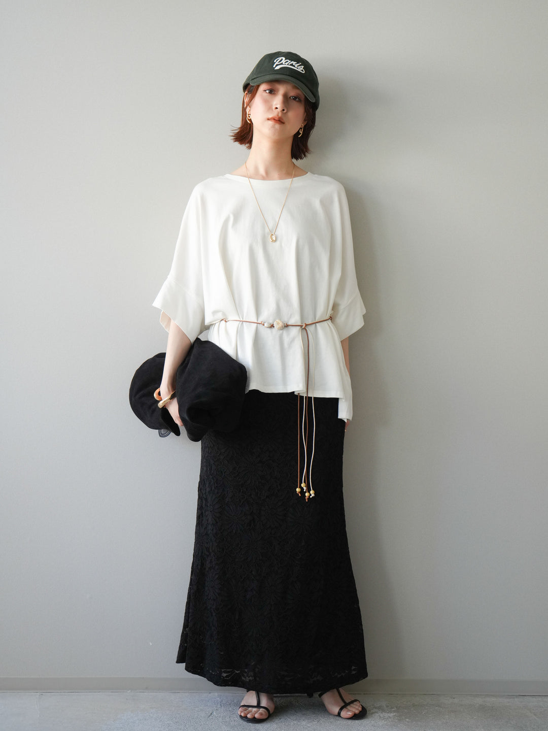 [予約]コードベルト付フラワーレーススカート/black