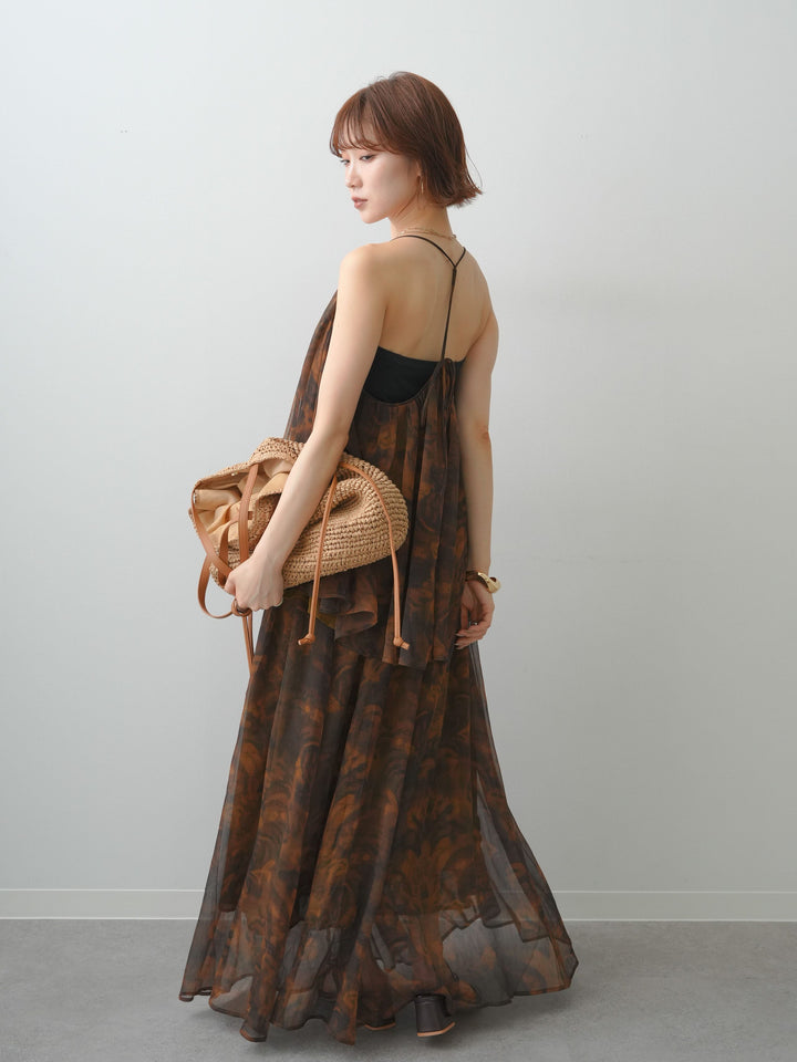 [予約]フラワーニュアンス柄フレアスカート/brown