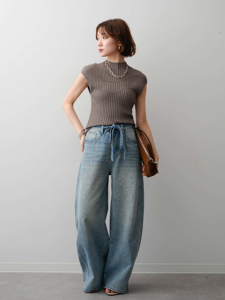 [予約]ウエストベルトフロントビジューカーブワイドパンツ/lightblue