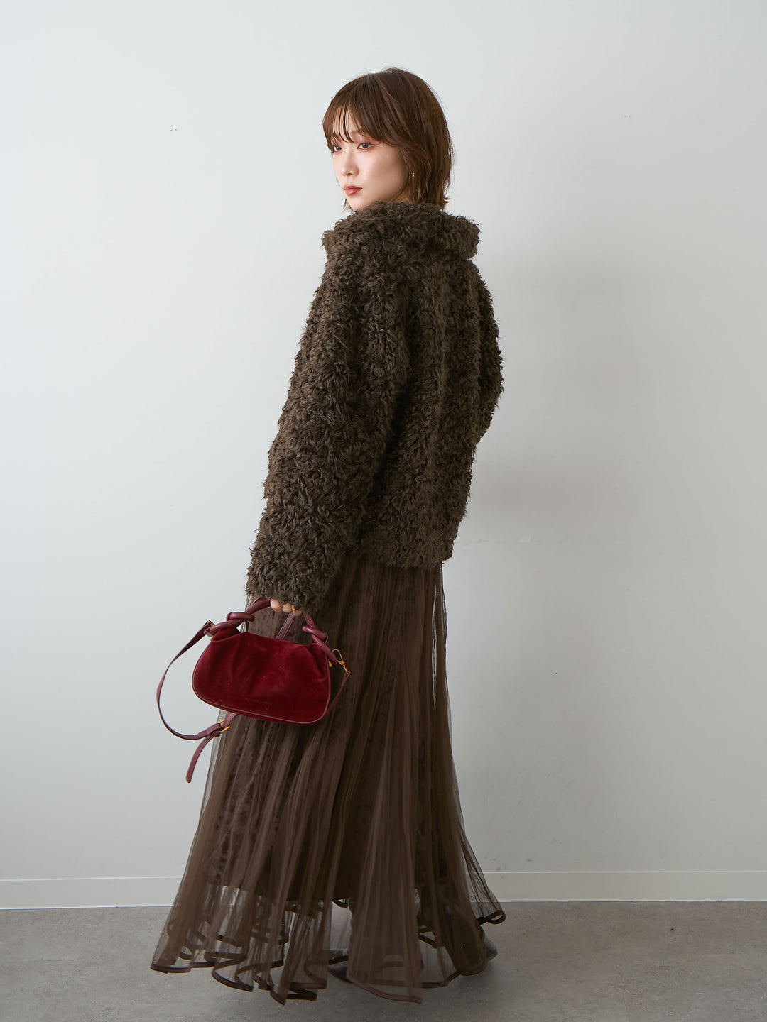 [予約]ベロアレイヤードチュールフレアスカート/brown