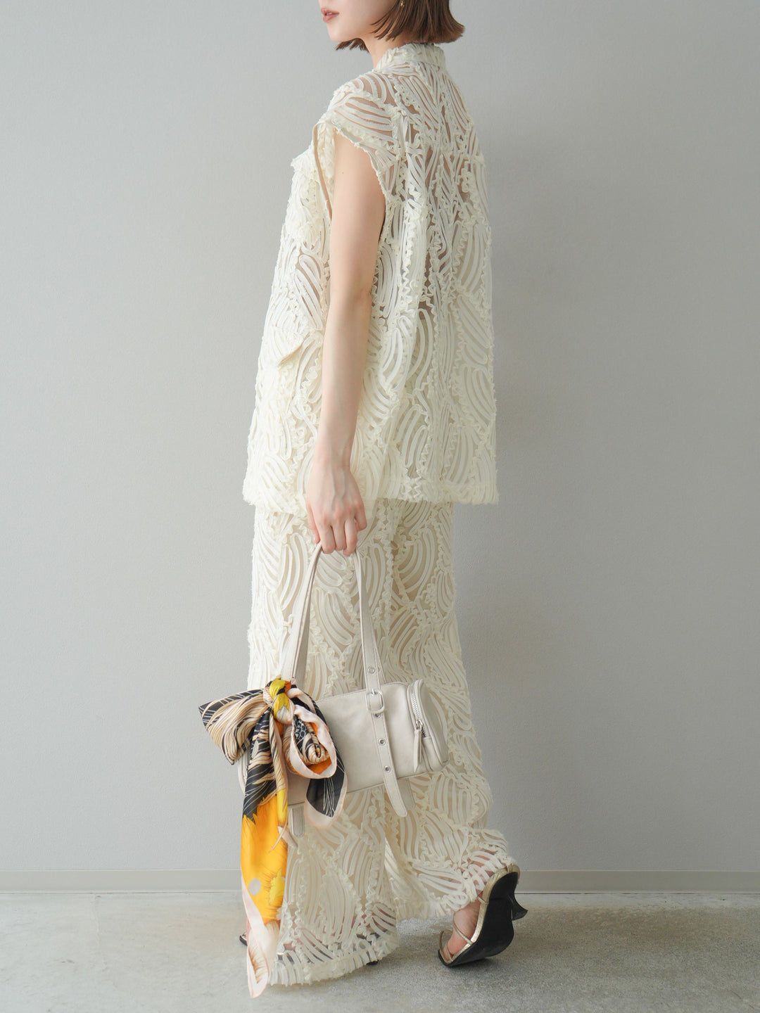 【預購】透視提花寬褲/象牙白