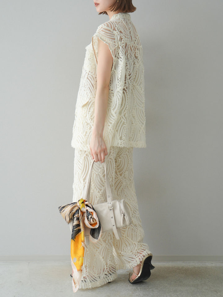 【預購】透視提花寬褲/象牙白