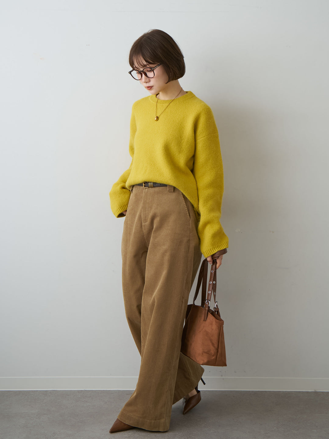 [予約]ベルト付コーディロイワイドストレートパンツ/beige