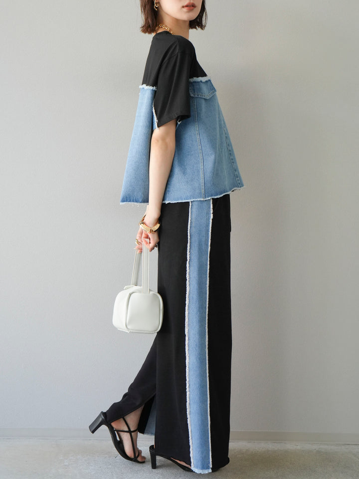 [予約]デニムドッキングスウェットスカート/ブラック
