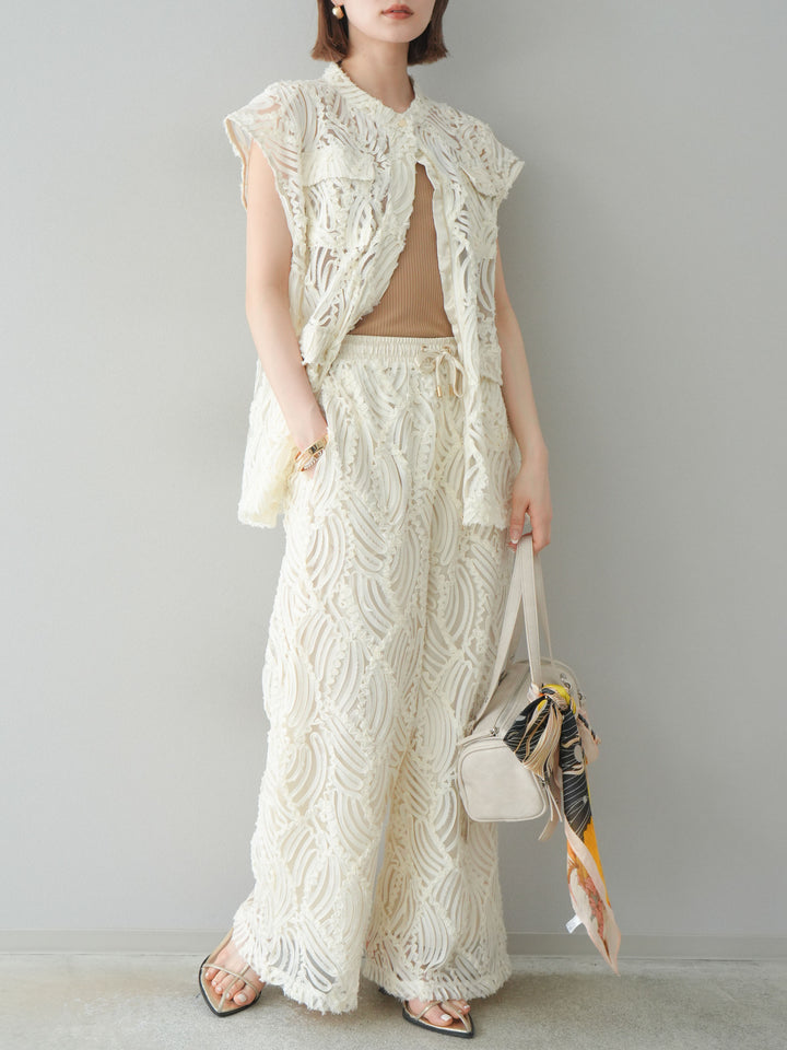 【預購】透視提花寬褲/象牙白