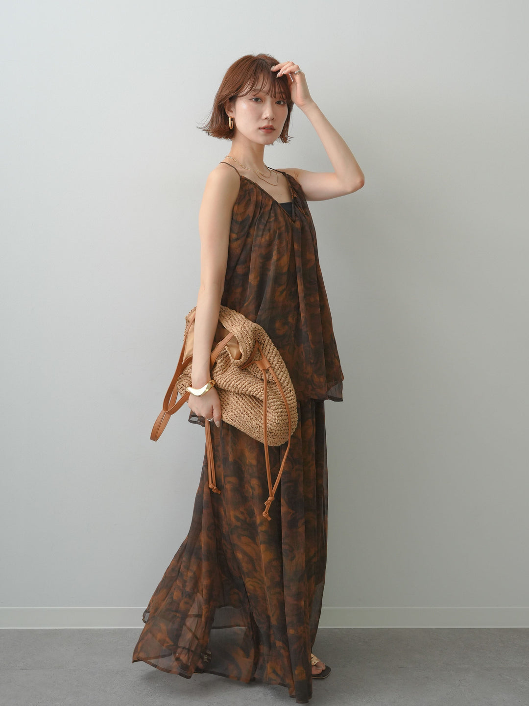 [予約]フラワーニュアンス柄フレアスカート/brown