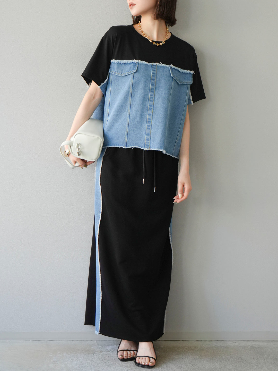 [予約]デニムドッキングスウェットスカート/ブラック