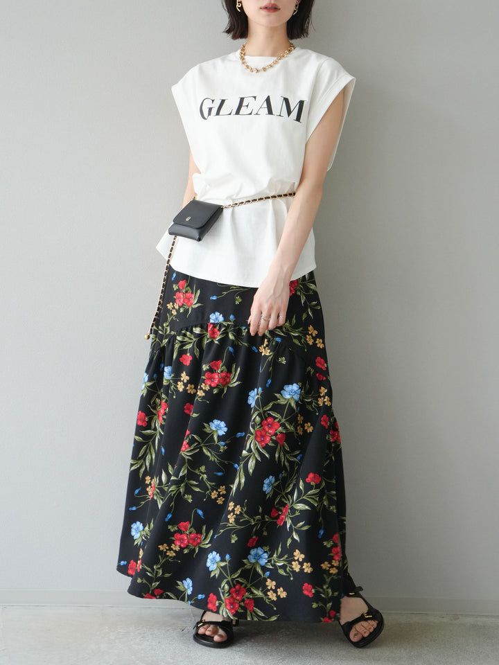 [予約]ボタニカル柄ティアードスカート/ブラック