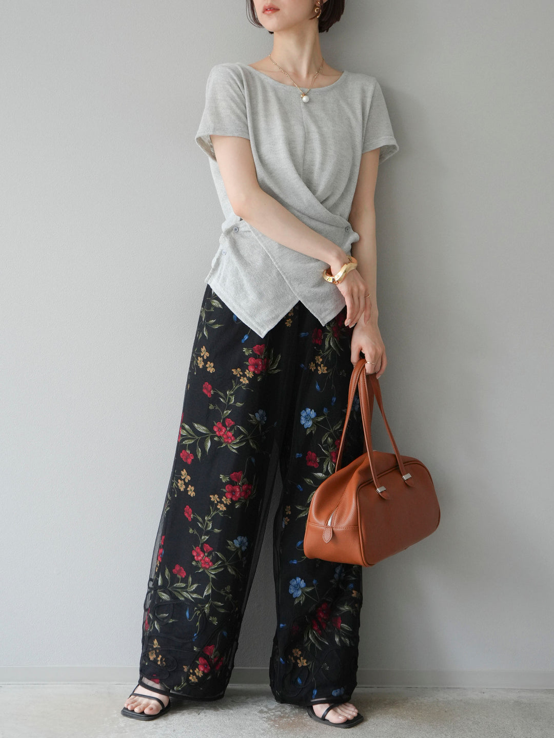 【預購】植物圖案休閒褲/黑色