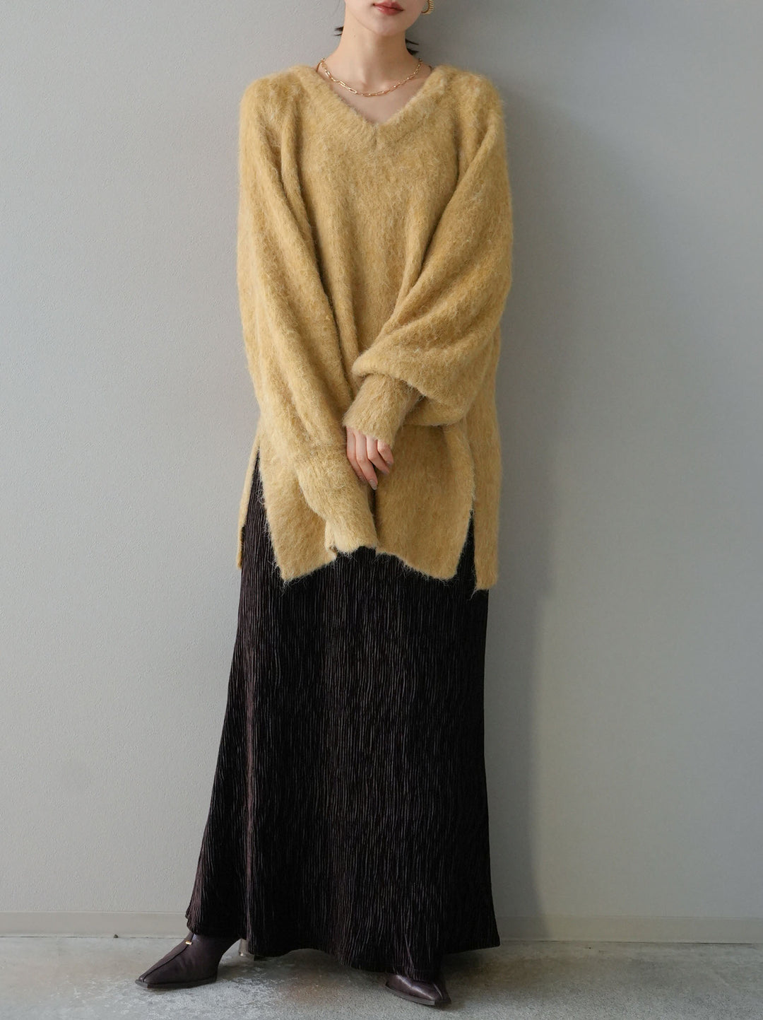 [予約]Vネックオーバーモヘアニットプルオーバー/イエロー