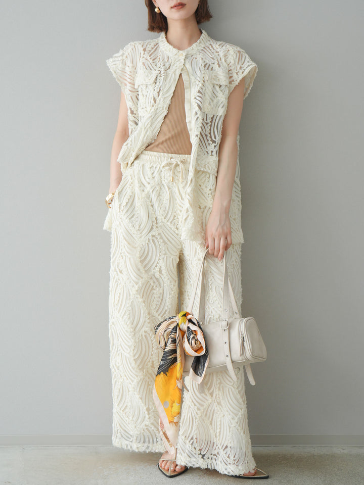 【預購】透視提花寬褲/象牙白