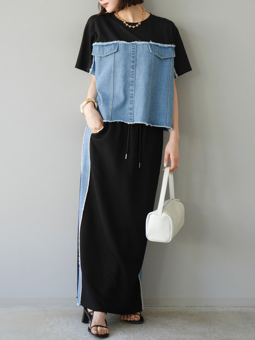 [予約]デニムドッキングスウェットスカート/ブラック