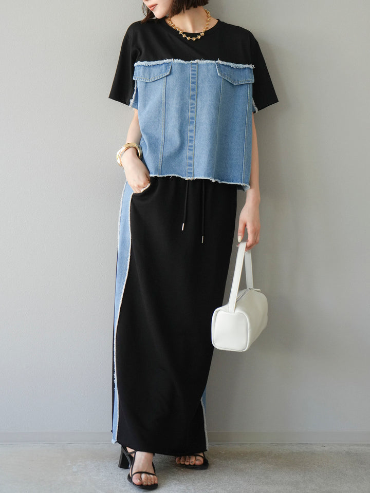 [予約]デニムドッキングスウェットスカート/ブラック
