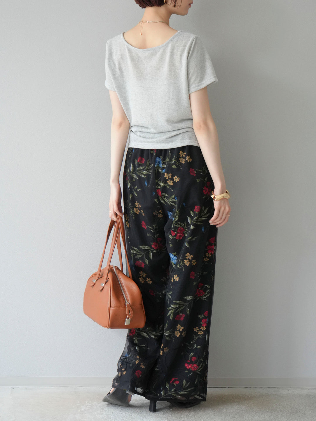 【預購】植物圖案休閒褲/黑色