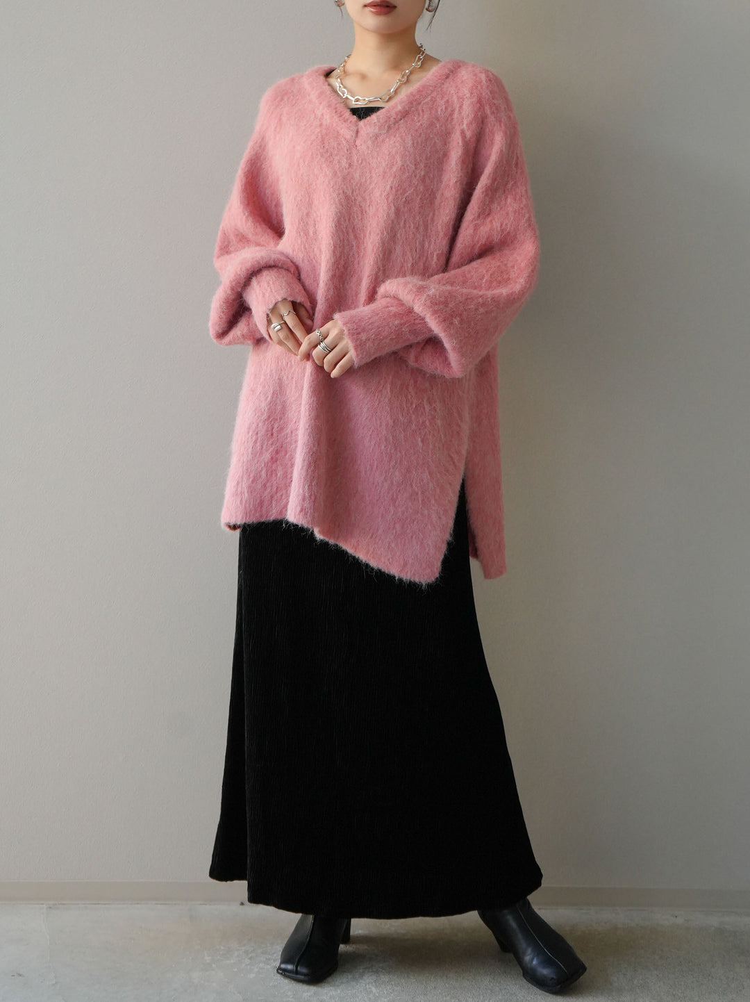 [予約]Vネックオーバーモヘアニットプルオーバー/ピンク