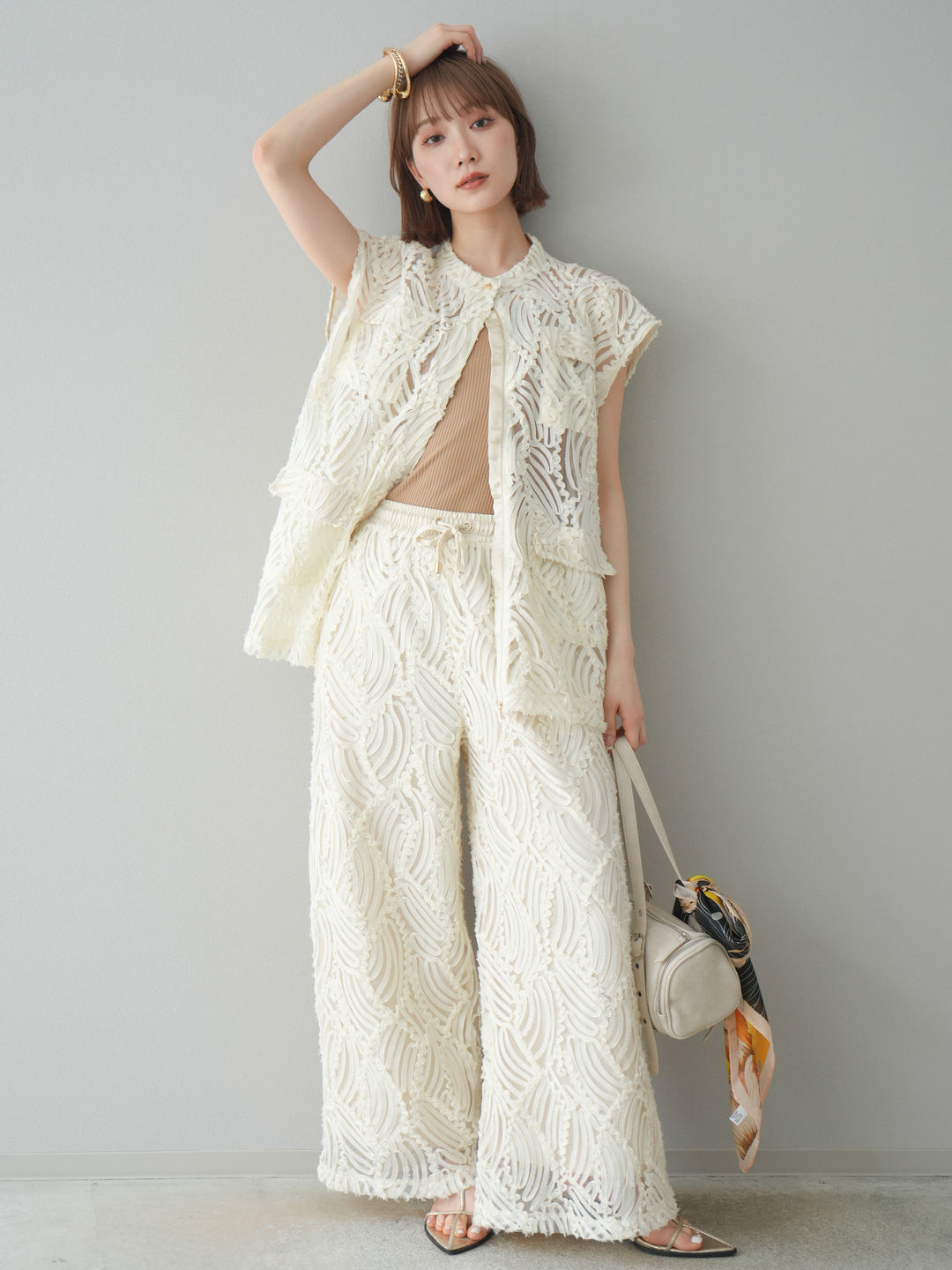 【預購】透視提花寬褲/象牙白