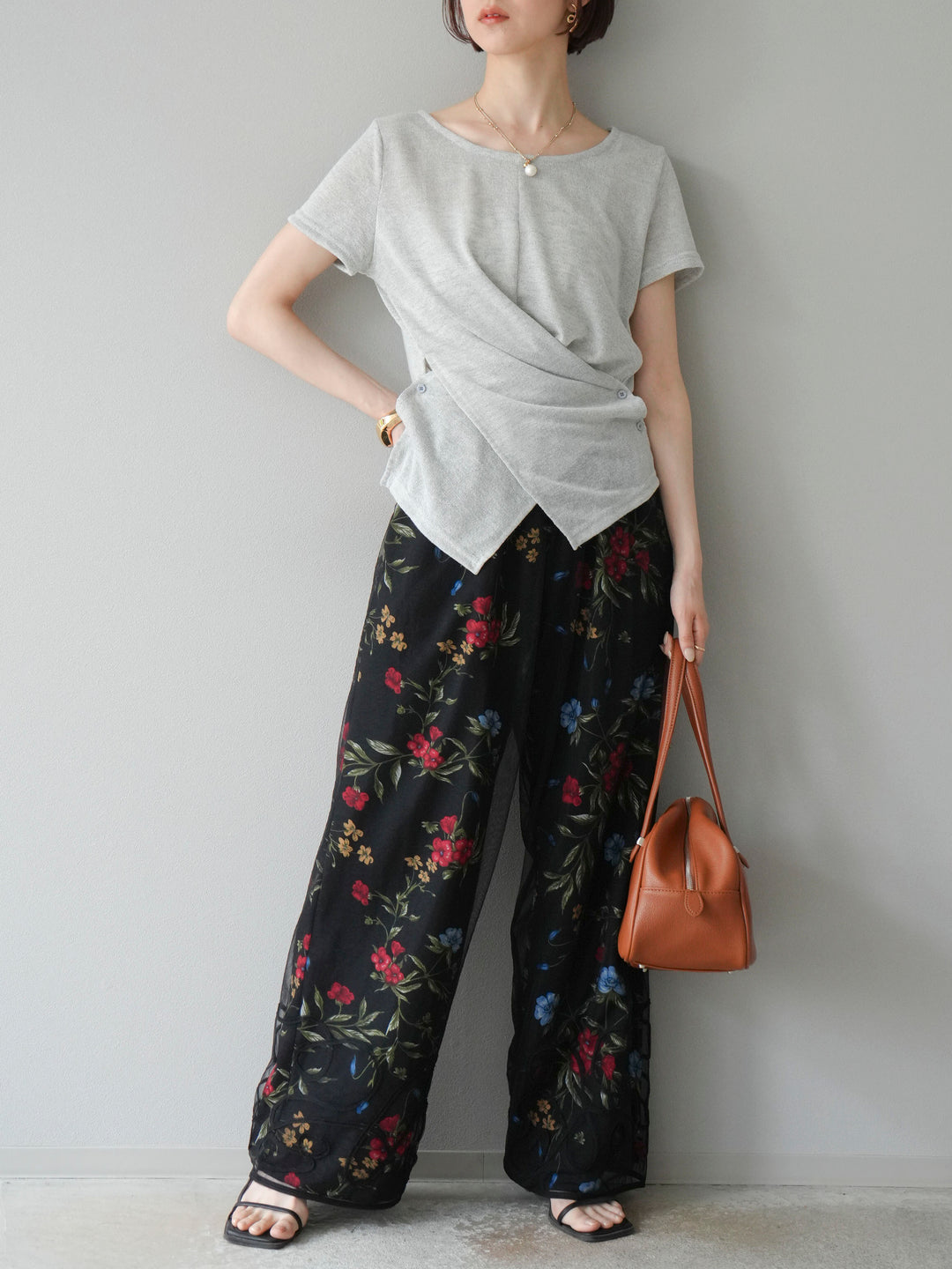 【預購】植物圖案休閒褲/黑色