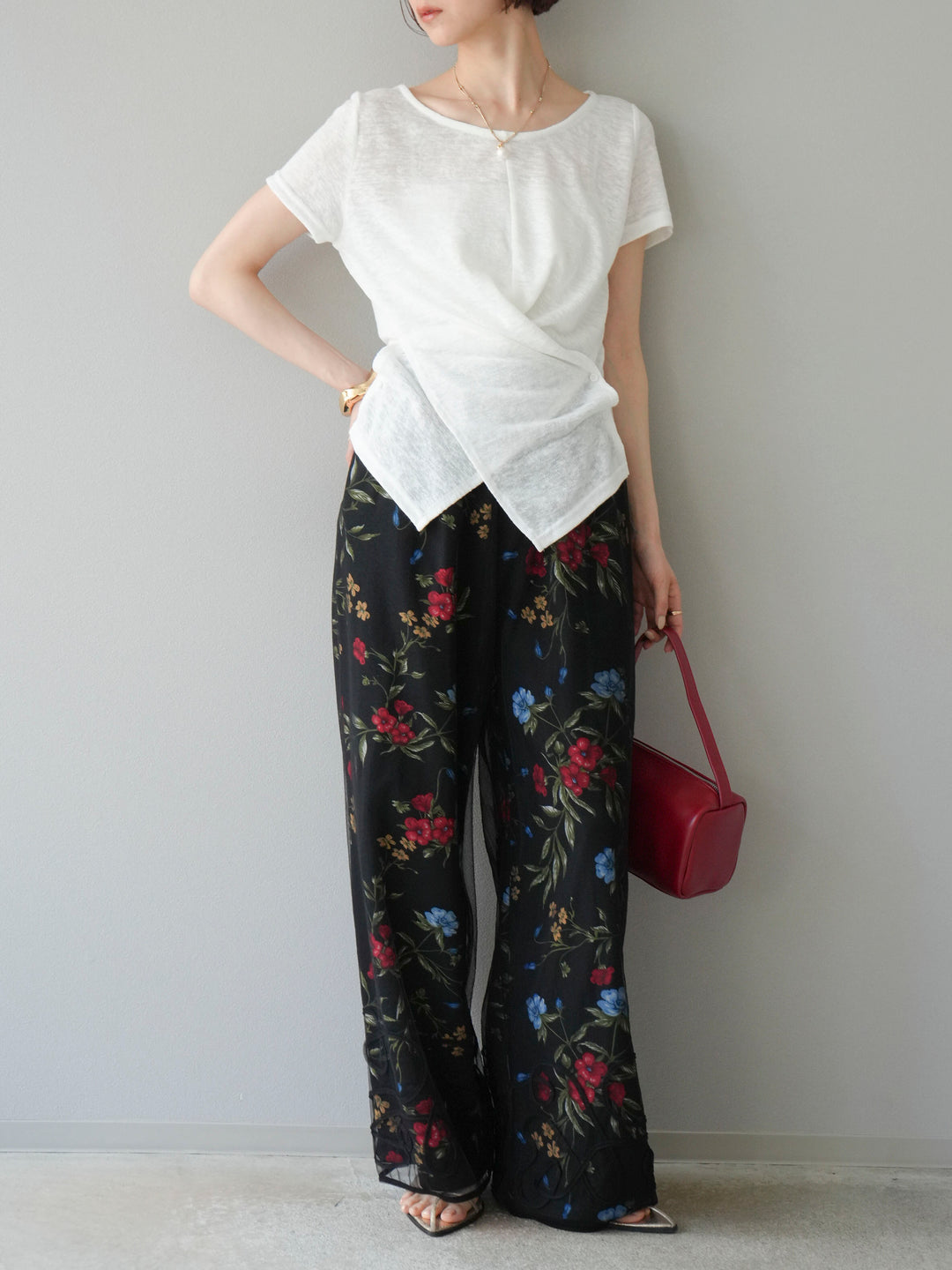 【預購】植物圖案休閒褲/黑色