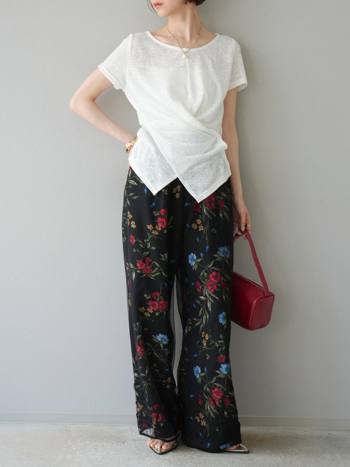 【預購】植物圖案休閒褲/黑色