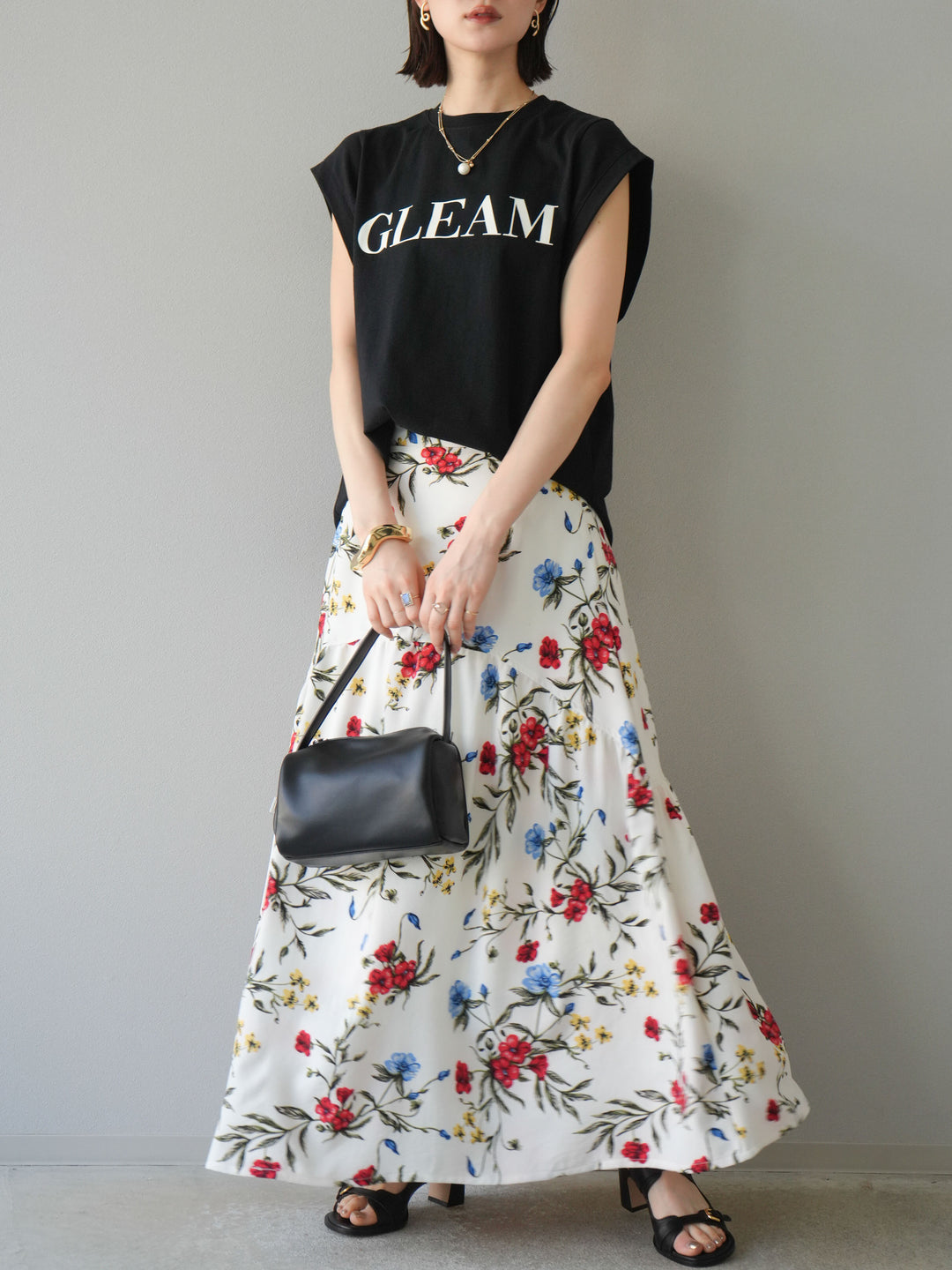 [予約]ボタニカル柄ティアードスカート/オフホワイト