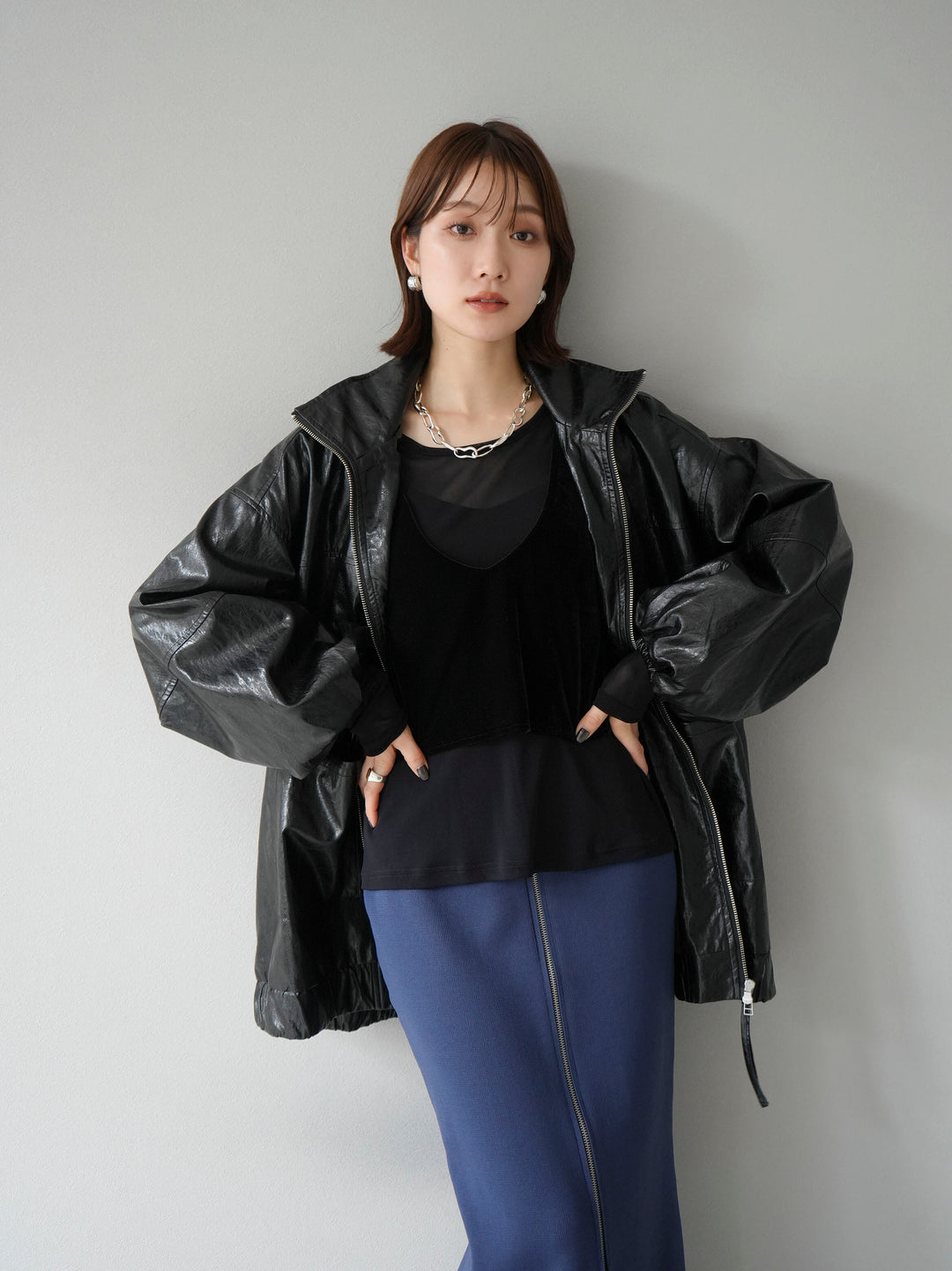 [予約]フェイクレザーオーバーブルゾン/ブラック