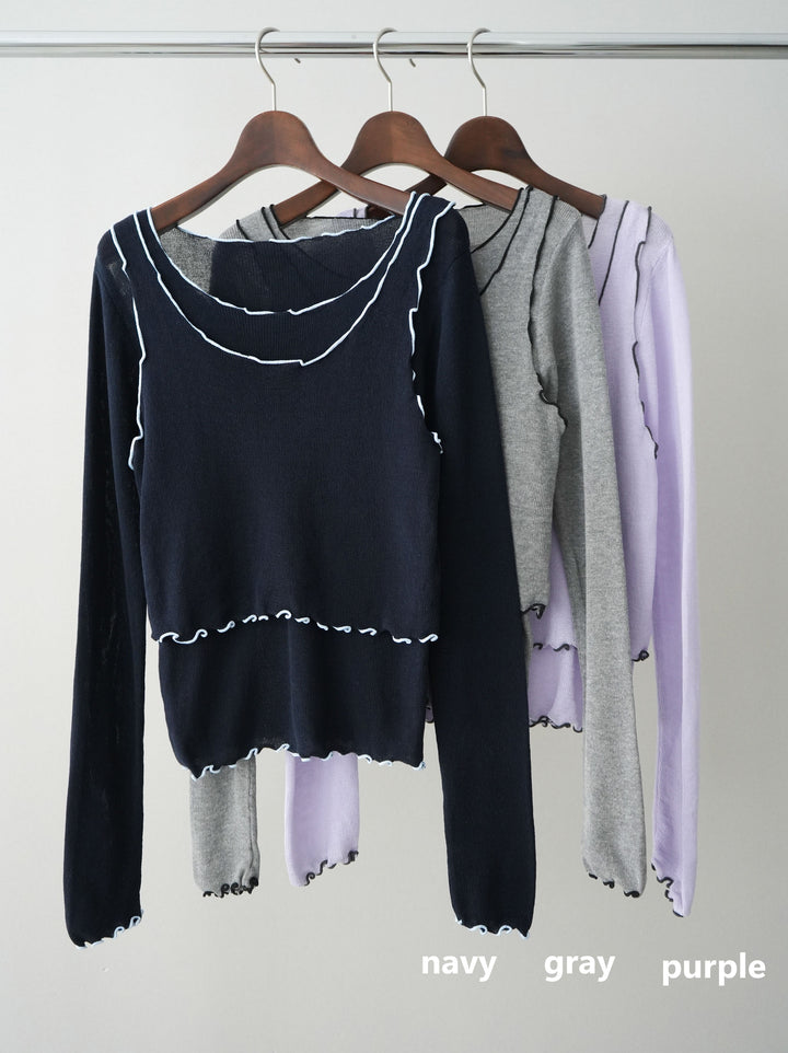 [SET]バイカラーメローアンサンブルシアーニットトップス+センターシームフレアパンツ+サテンライクアシメレーススカート(3set)