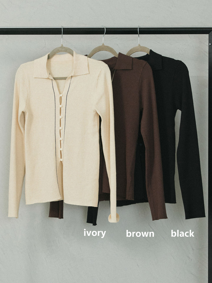 【Allure】[SET]リブ配色ラインポロニットカーディガン+リブ配色ラインポロニットカーディガン(2set)