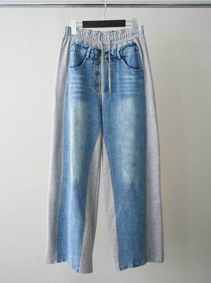 [SET]メタルボタンクルーネックニットカーディガン+デニム切替スウェットパンツ(2set)