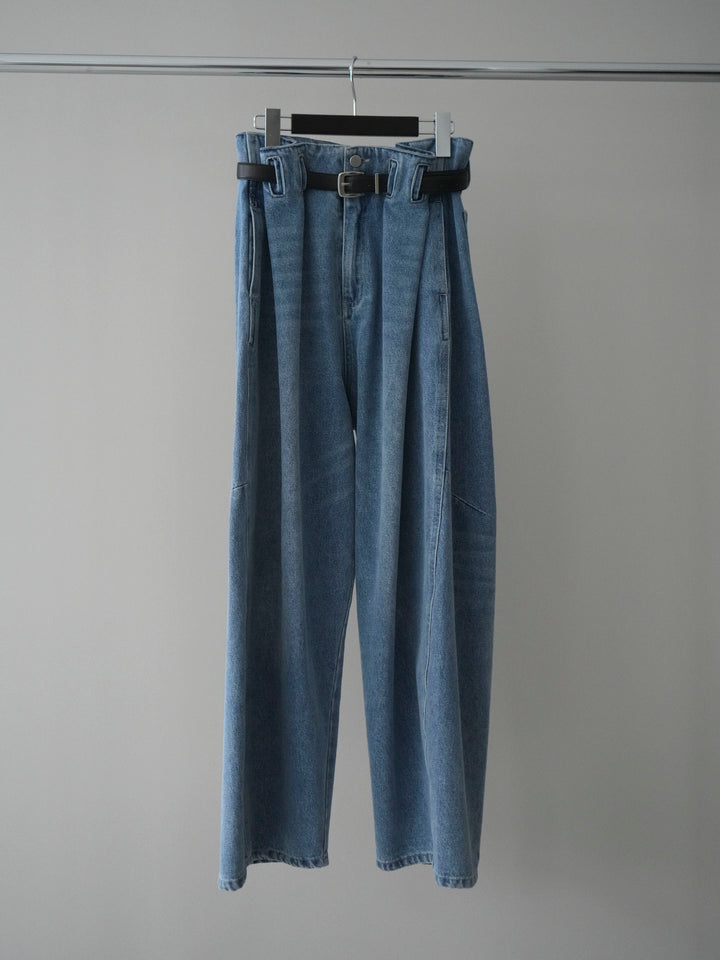 [SET]パールボタンレース切替ニットトップス+ハイウエストベルトループデザインデニムパンツ(2set)