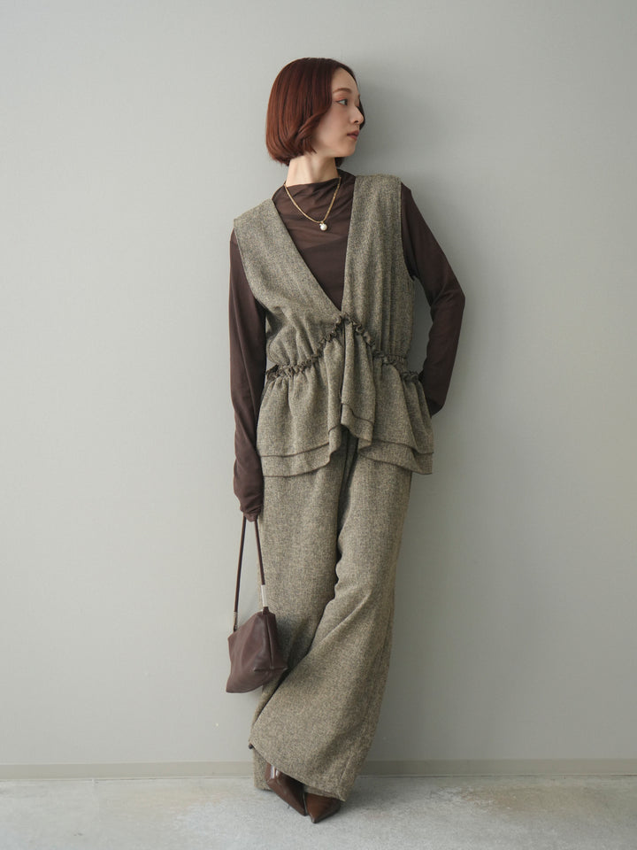 [SET]3WAYミックスツイードギャザーオールインワン+シアープチネックストレッチトップス(2set)