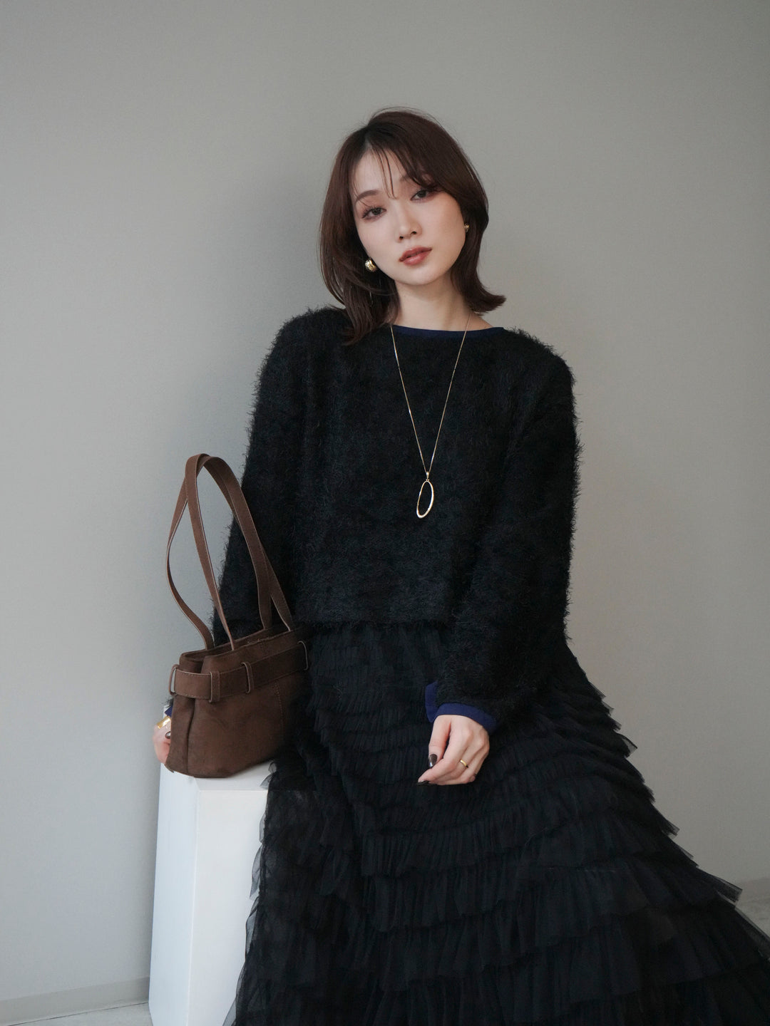 [予約]バイカラー2WAYシャギーニットカーディガン/black