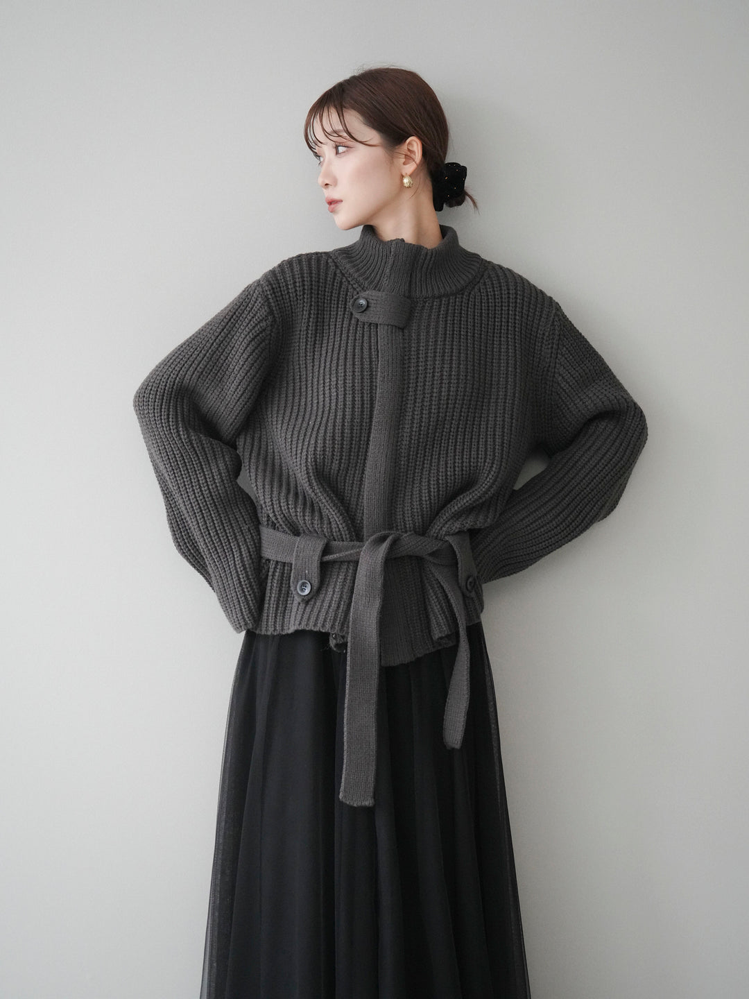 [予約]畦編みボトルネックZIPニットカーディガン/ gray