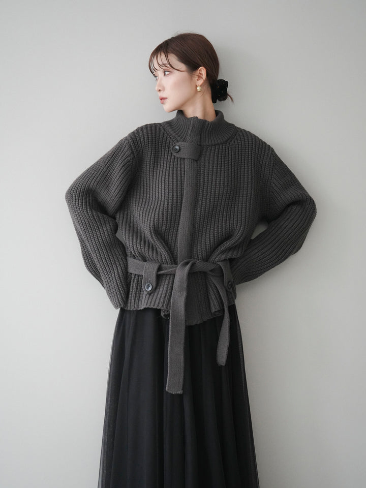 [予約]畦編みボトルネックZIPニットカーディガン/ gray