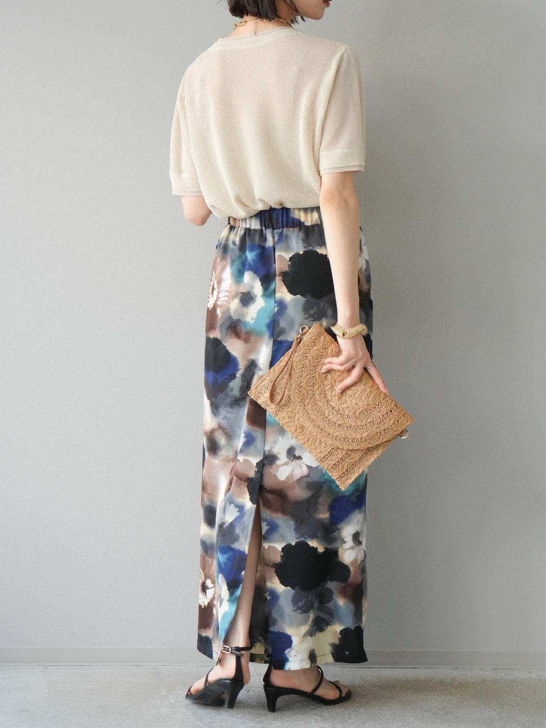 [SET]リネンタッチ配色二重臼ハーフニットトップス+選べるアソート柄スカートセット(2set)