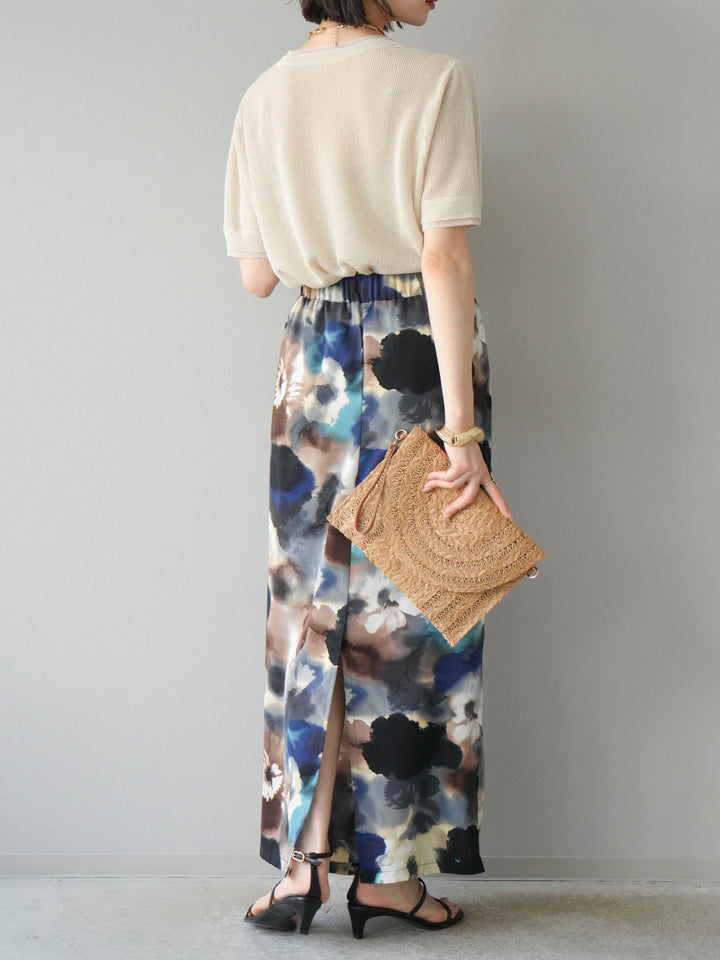 [SET]リネンタッチ配色二重臼ハーフニットトップス+選べるアソート柄スカートセット(2set)