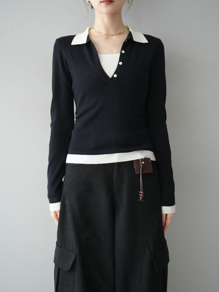[予約]レイヤード配色ポロニットトップス/black
