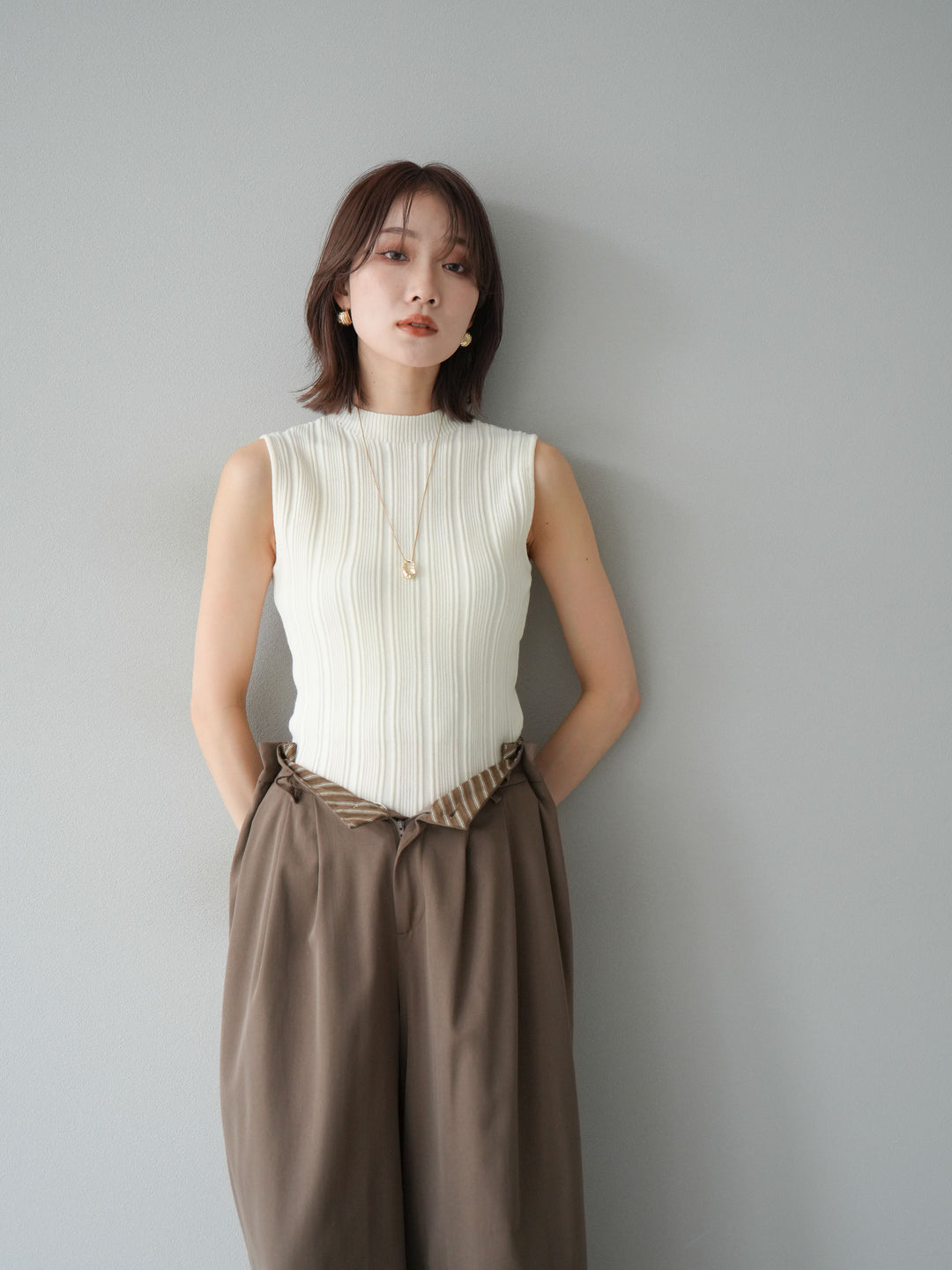 [予約]スリーブレスランダムリブニットトップス/アイボリー
